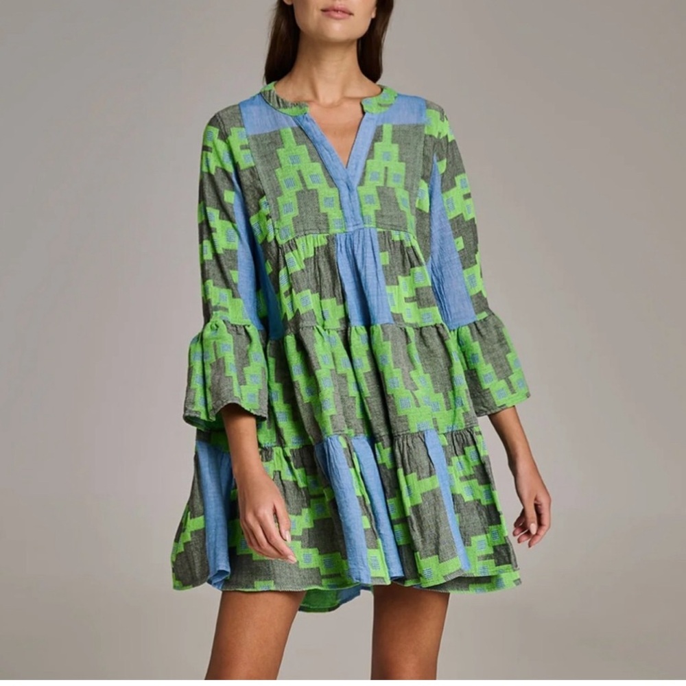 *New*  DEVOTION TWINS Ella Tiered Mini Dress XS/S $317 Sold Out! Blue-Green